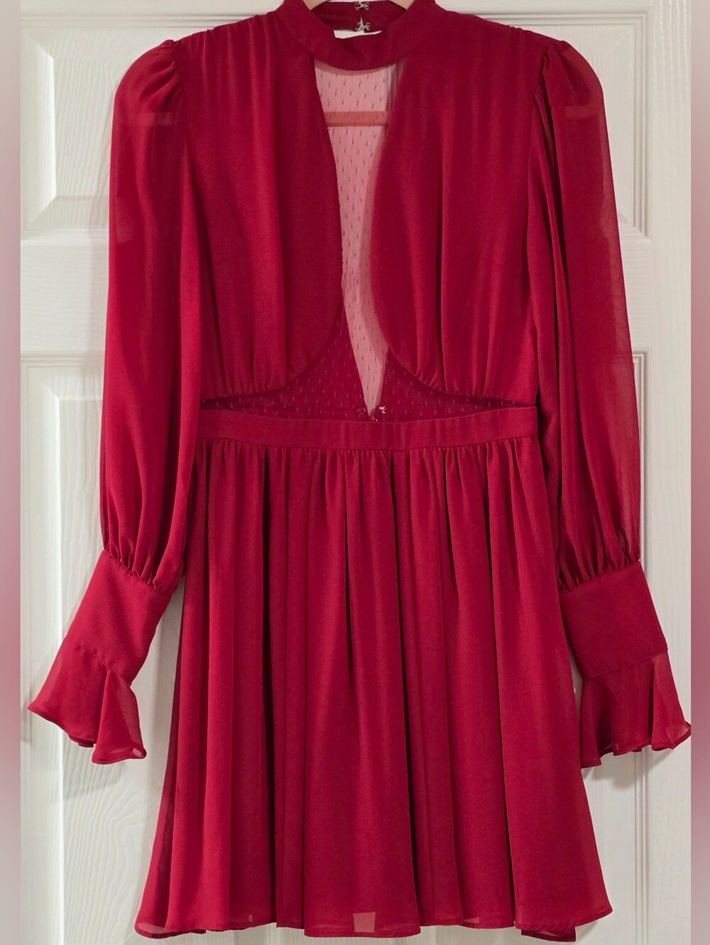 Express Crimson Red Swiss Dot Mesh Chiffon Long Sleeve Mini Dress Size Small